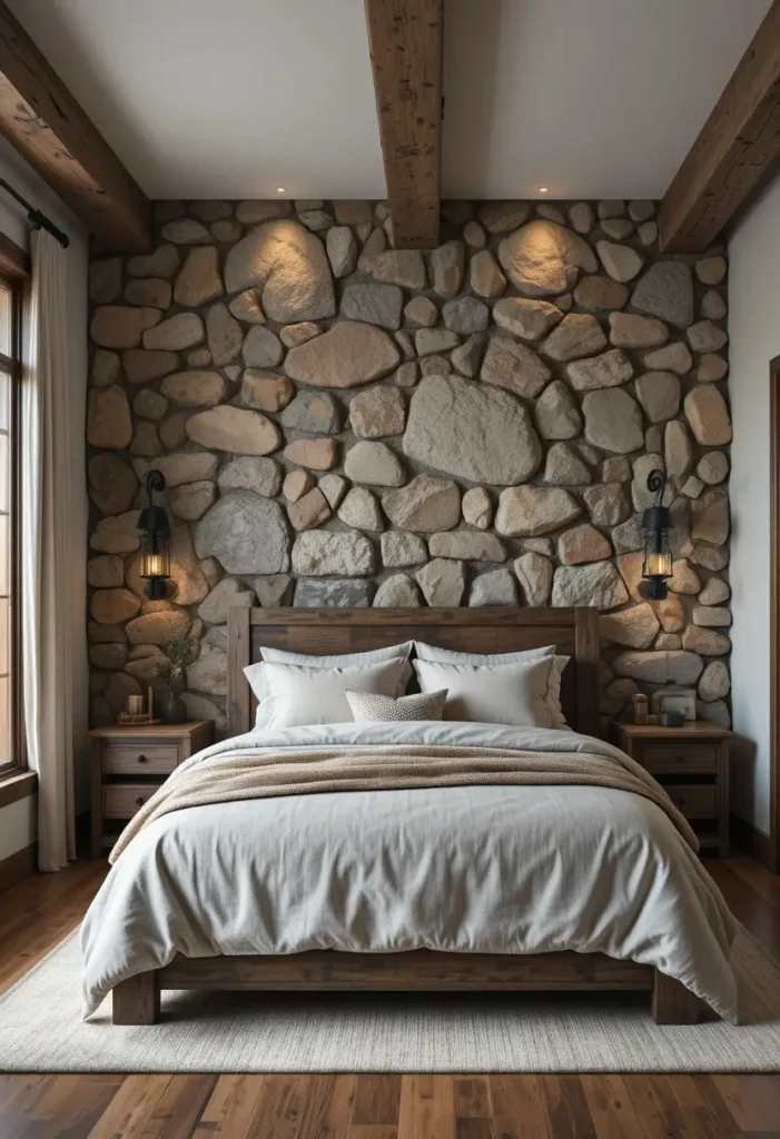 Stone accent wall adding texture and depth to a rustic bedroom.