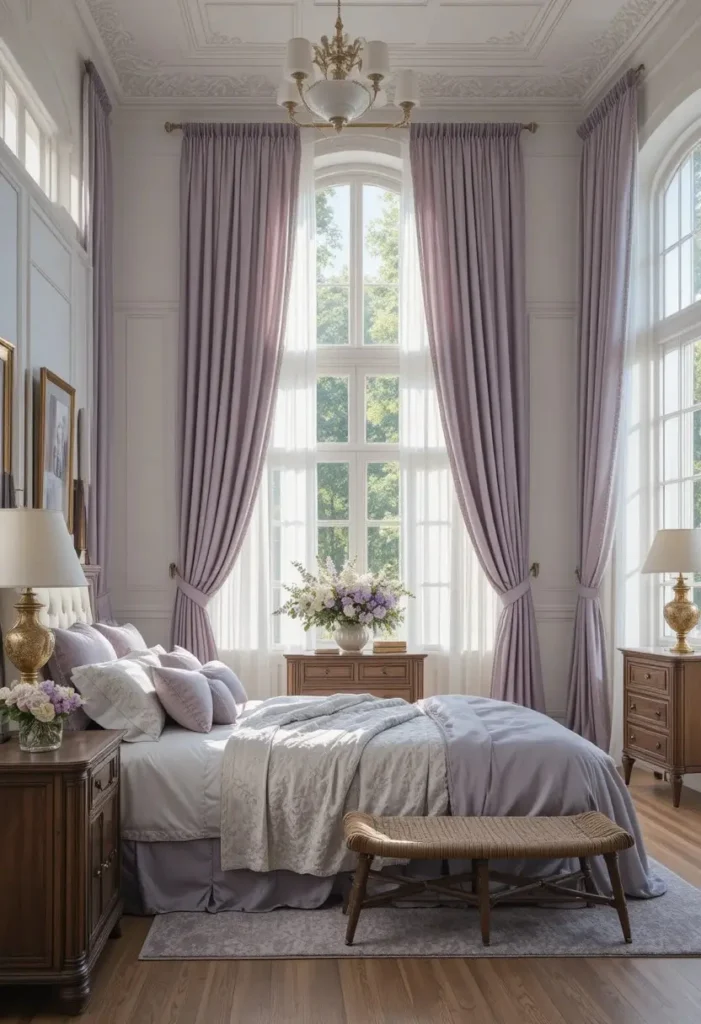 A cozy bedroom featuring frosted lavender glass bedside lamps casting a warm glow across soft lilac bedding. Neutral walls, walnut bed frame, textured throw blanket, ceramic décor, warm evening ambiance, elegant minimalist styling, ultra-realistic, Pinterest-inspired bedroom interior.