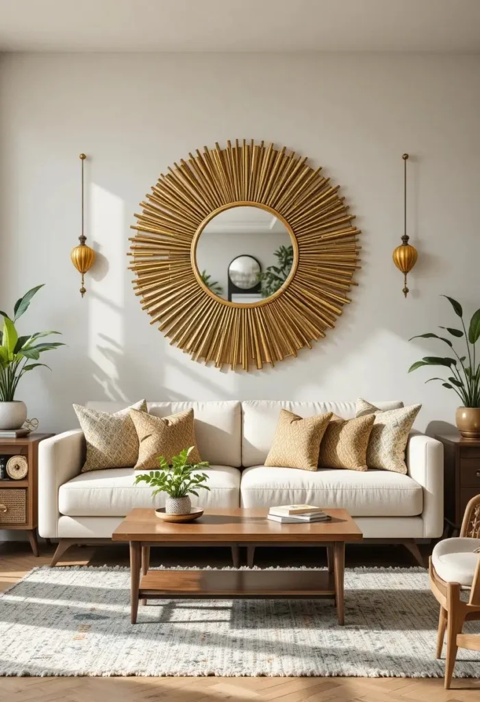Gold sunburst mirror serving as the focal point of a mid century modern living room.