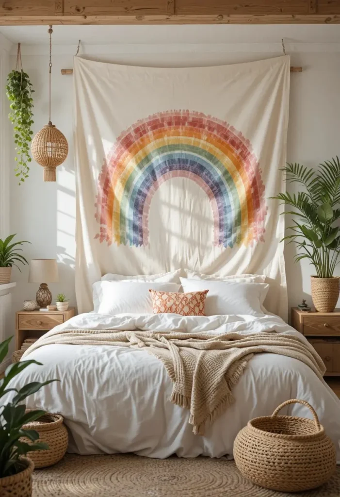 Rainbow tapestry serving as a colorful backdrop behind the bedroom bed.