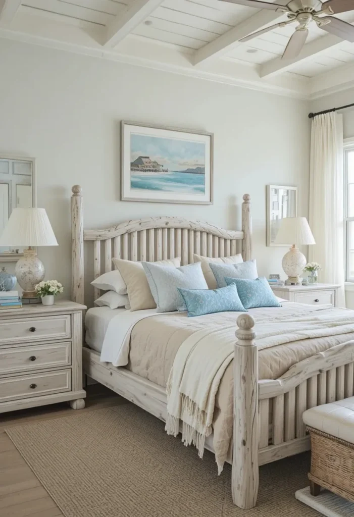 Whitewashed wood furniture creating a bright sun-bleached coastal bedroom.