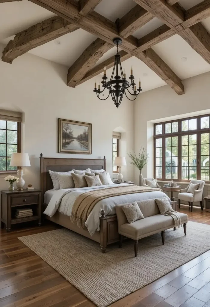 Rustic bedroom featuring exposed wooden ceiling beams for warmth and character.