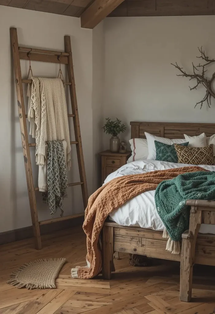 Wooden ladder blanket rack displaying cozy throws in a rustic bedroom.