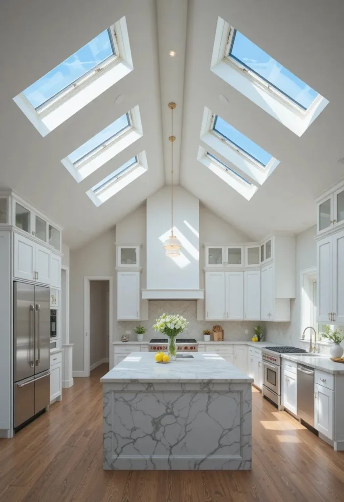 Vaulted kitchen with skylights and recessed lighting for all-day brightness.