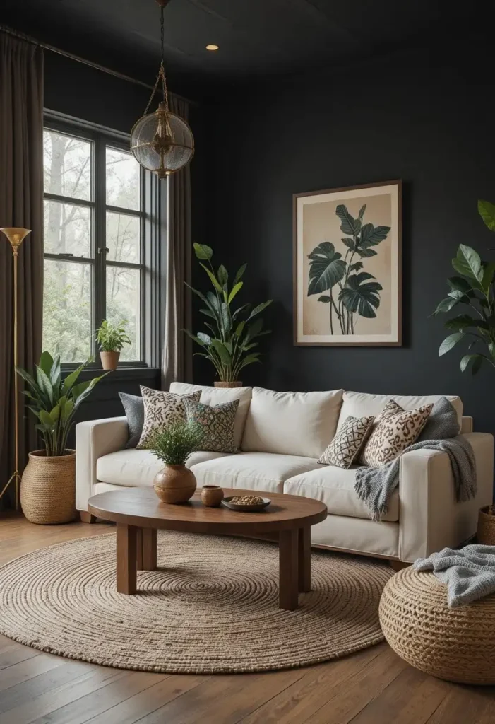 Dark charcoal walls creating a dramatic foundation for a cozy boho living room.