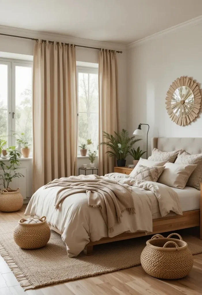 Earth-toned linen curtains bringing warmth and natural texture to a bedroom.