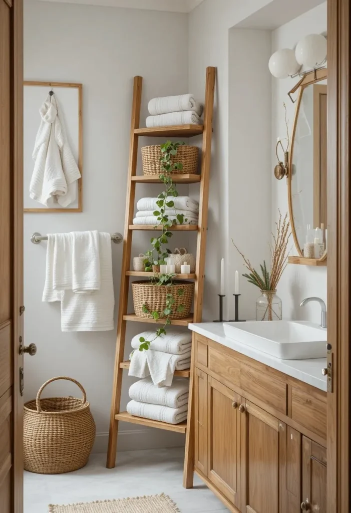 Wooden ladder shelf adding stylish vertical storage in a small bathroom.