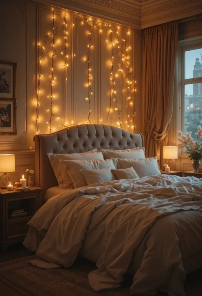 Romantic couples bedroom with soft lighting, candles, and cozy evening ambiance.