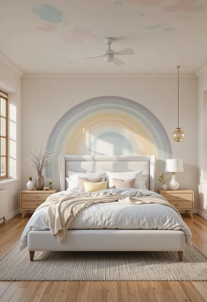 Pastel rainbow ceiling mural creating a dreamy bedroom atmosphere.