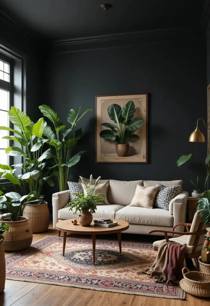 Large leafy plants bringing freshness to a dark boho living room.