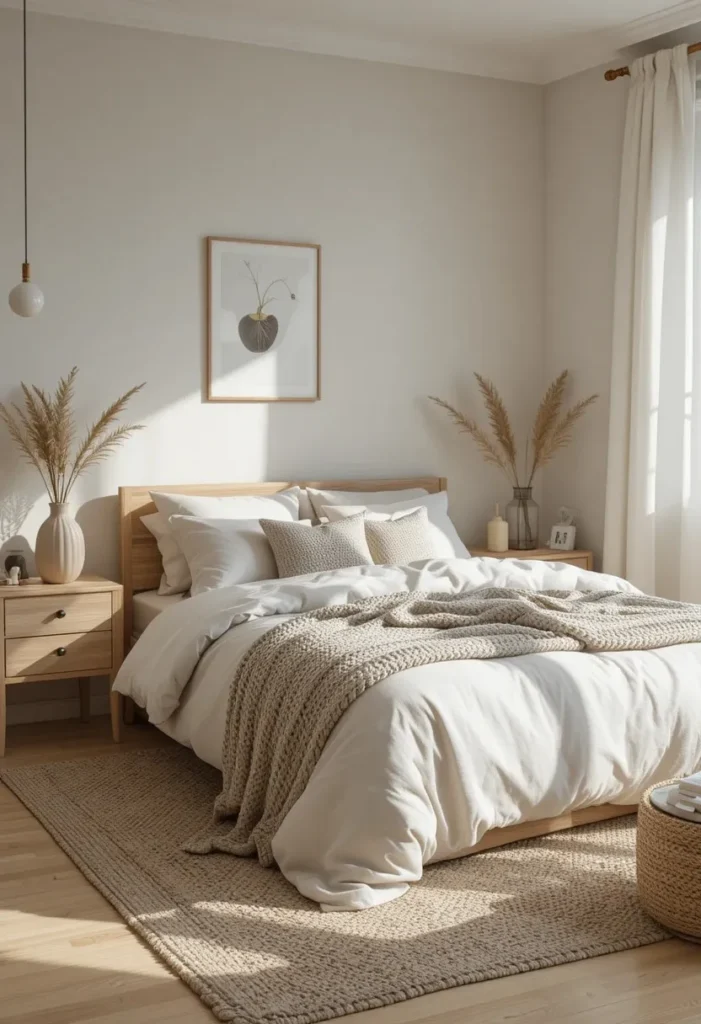 Warm neutral couples bedroom featuring cream bedding, taupe walls, and calming layered textures.