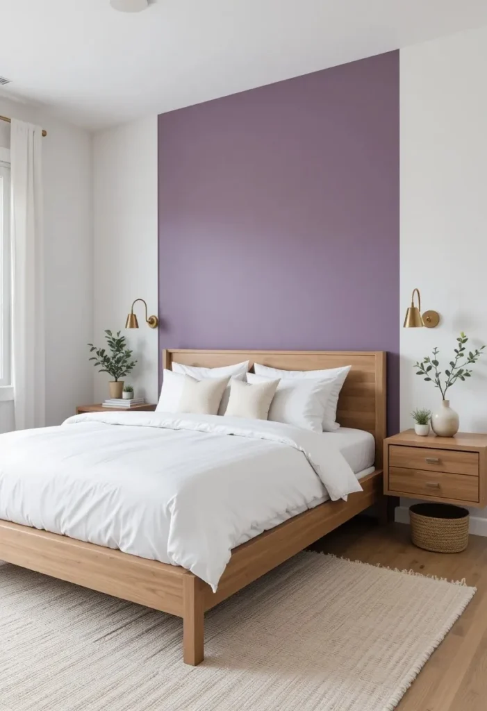 Lavender accent wall behind the bed adding color and elegance to the bedroom.