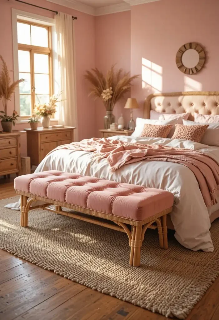 Blush velvet bench adding elegance and comfort to a pink boho bedroom.