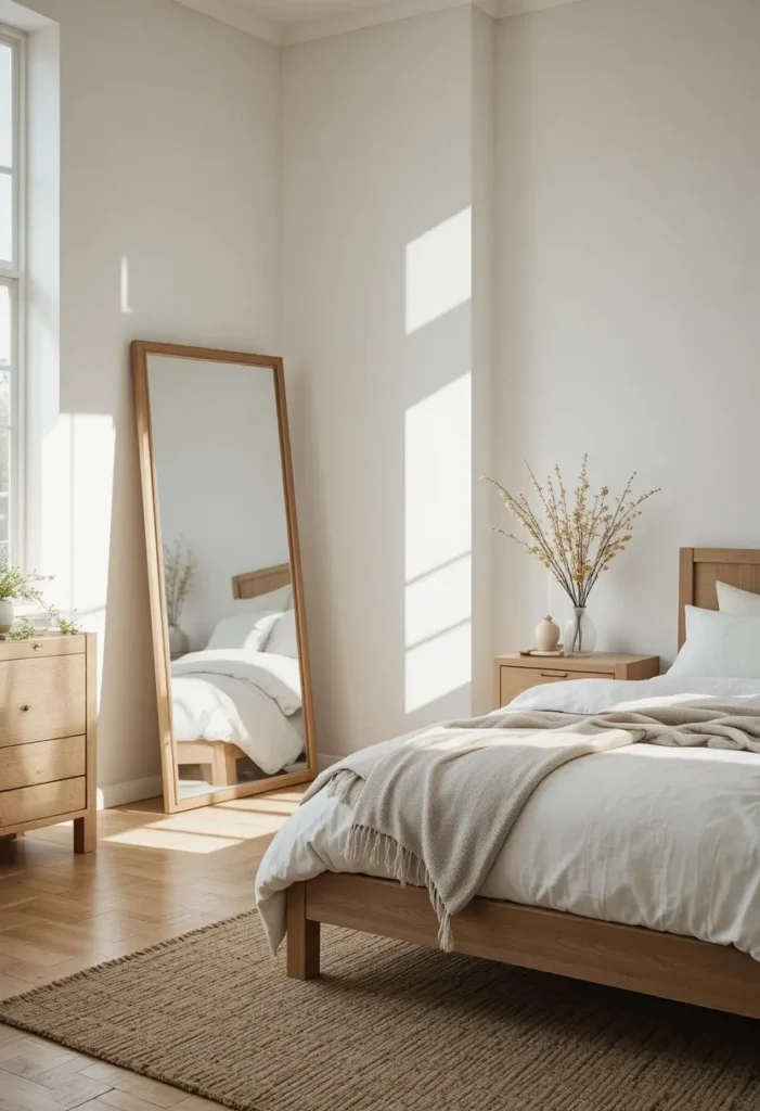 Full-length mirror making a bedroom corner feel brighter and larger.