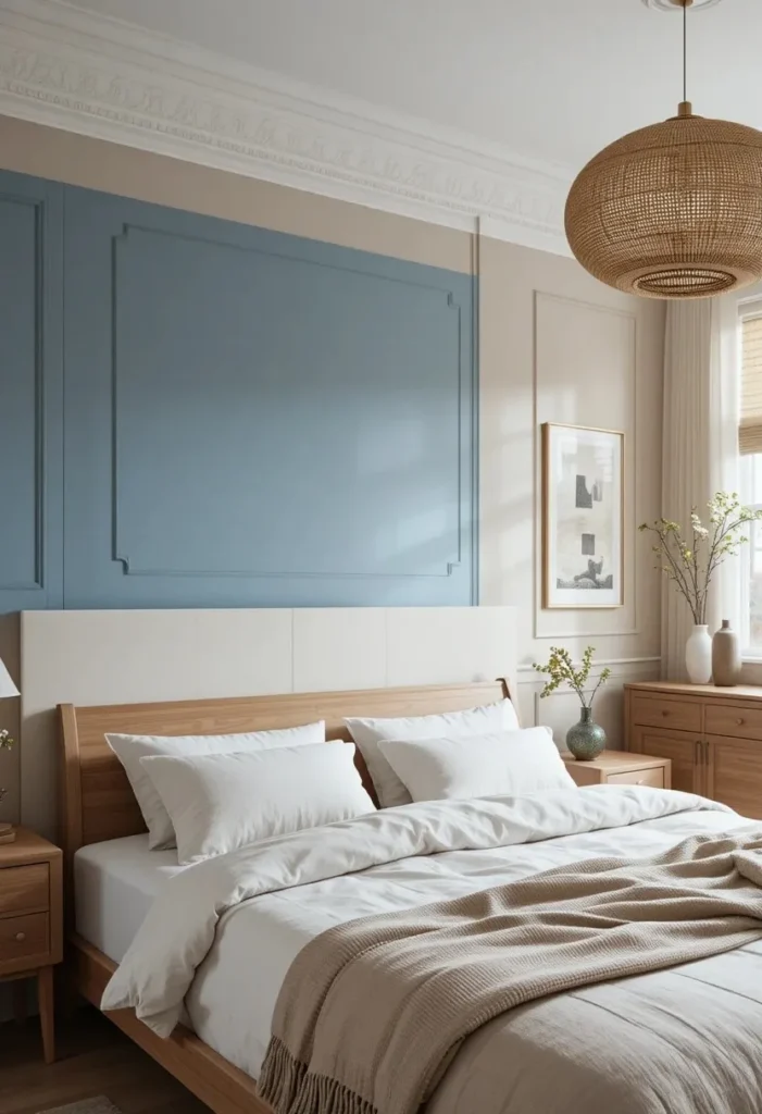 Two-tone blue and beige accent wall bringing warmth and balance to the bedroom.