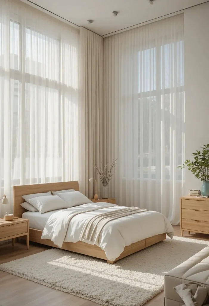 Sheer white curtains filling the bedroom with soft natural light.