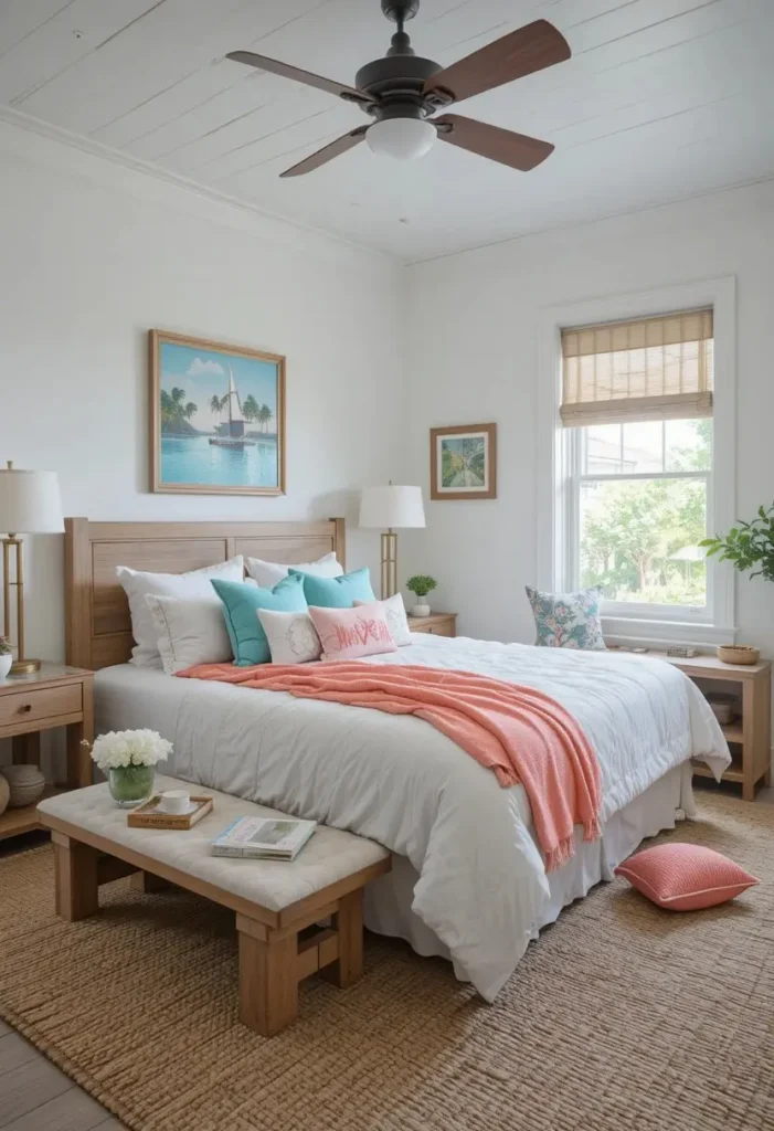 Turquoise and coral accents bringing tropical color into a beach bedroom.