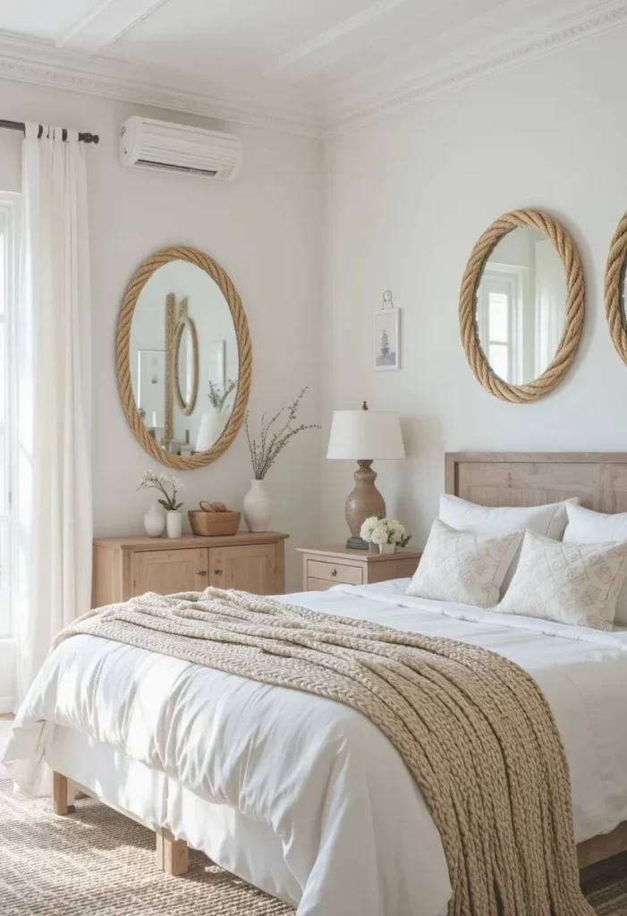 Rope and wood wall decor adding authentic coastal charm to a beach bedroom.