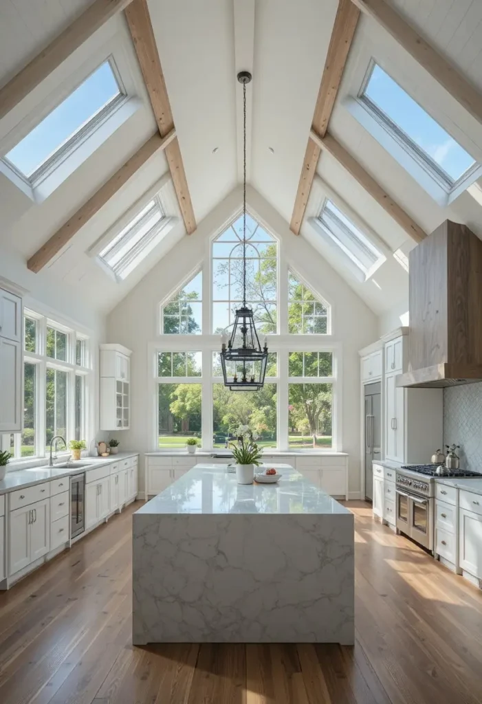 Large windows beneath a vaulted ceiling filling the kitchen with natural light.