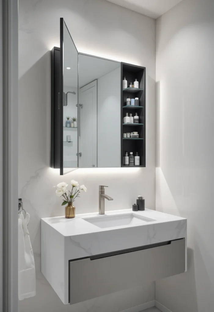 Mirrored medicine cabinet providing hidden bathroom storage.