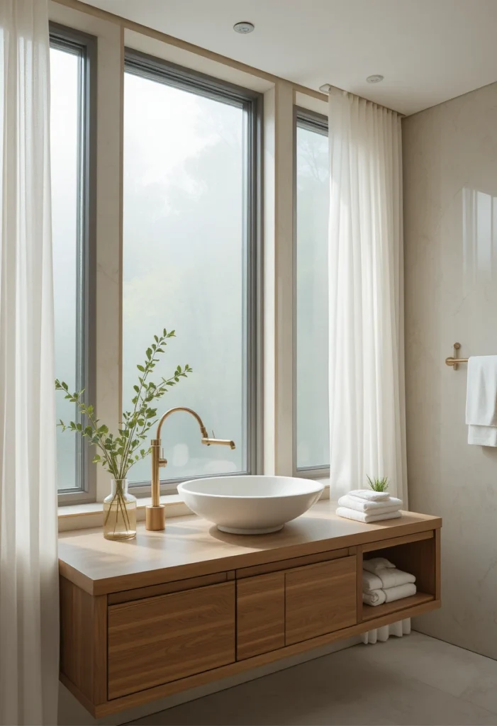 Frosted bathroom window with sheer curtains creating soft light and privacy.