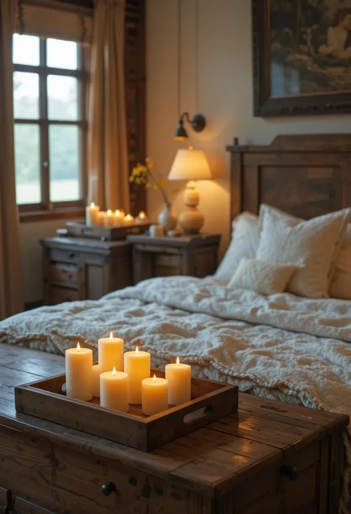 Soft candlelight creating a relaxing and cozy rustic bedroom atmosphere.