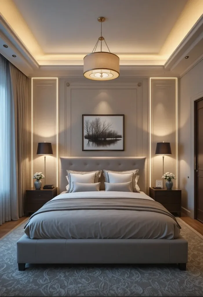 Modern couples bedroom with layered lighting using bedside lamps and warm ambient lighting.