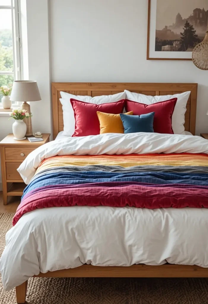 Layered rainbow bedding adding vibrant color to a cozy bedroom.