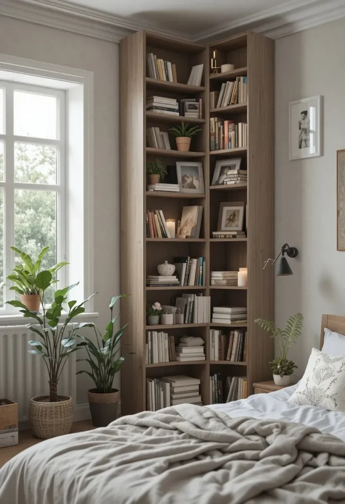 Tall corner bookshelf providing stylish storage in a bedroom.