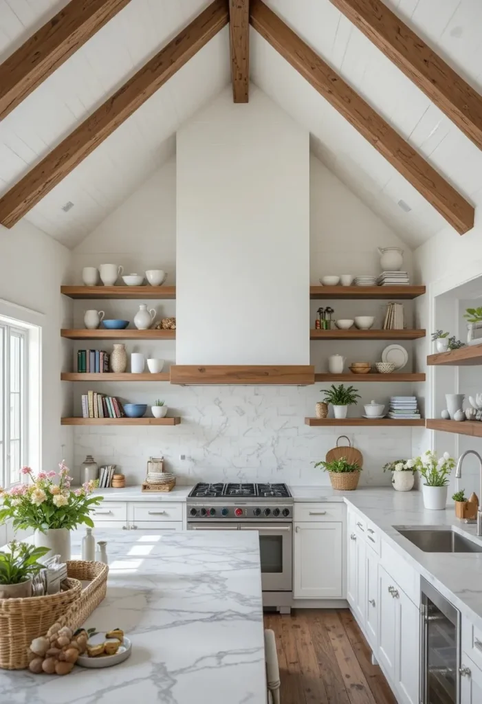 Tall open shelves highlighting the height of a vaulted ceiling kitchen.