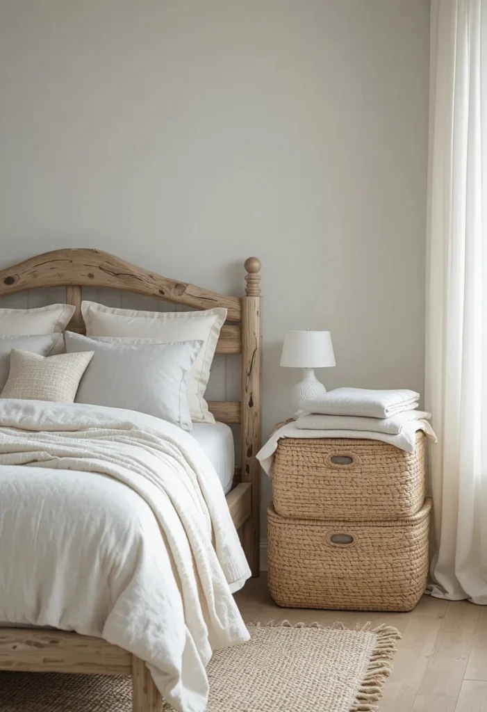Large woven storage baskets providing stylish organization in a beach bedroom.