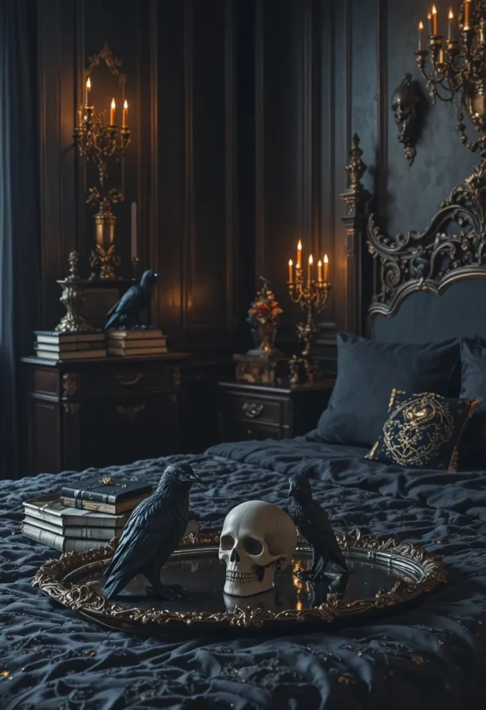 Tasteful gothic accessories and antique décor styling a vampire bedroom.