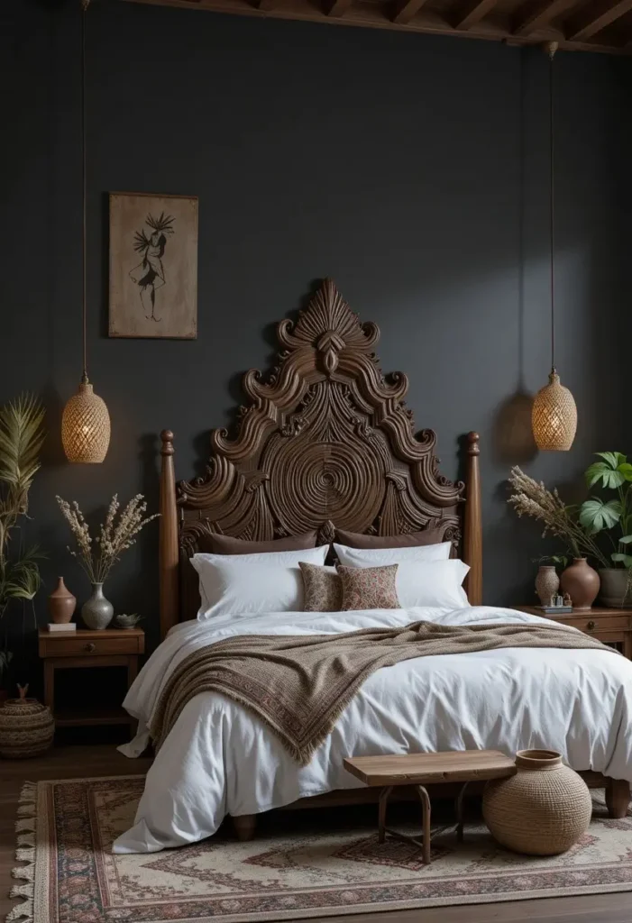 Hand-carved wooden headboard serving as the centerpiece of a dark boho bedroom.