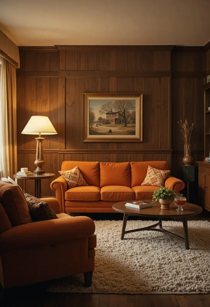 Wood-paneled accent wall creating warmth in a 70s-style living room.