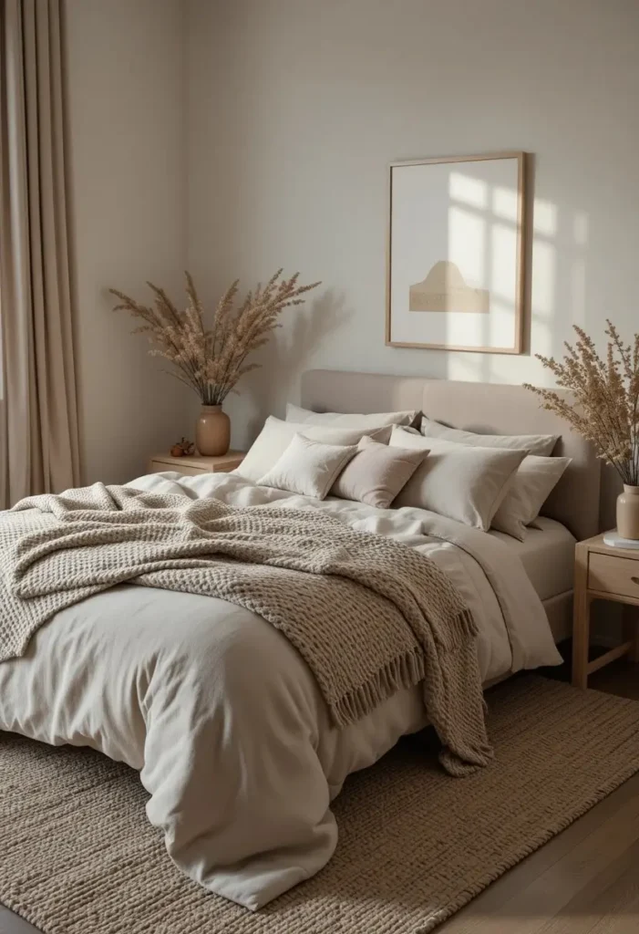 Warm neutral couples bedroom featuring cream bedding, taupe walls, and calming layered textures.