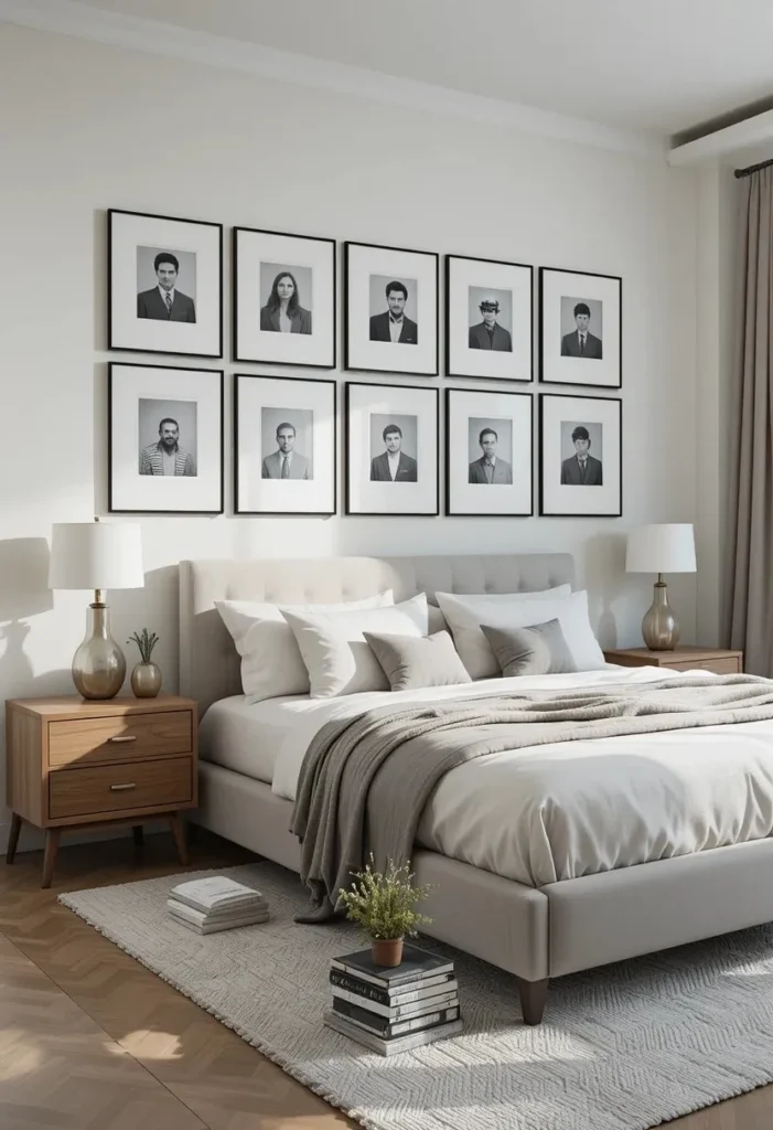 Grid-style photo wall creating a clean and organized bedroom display.
