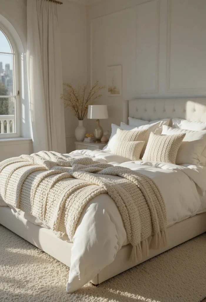 Chunky knit blankets and textured pillows adding warmth to a white bedroom.