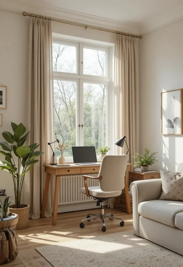 Slim desk placed beneath a window creating a bright and functional living room workspace.