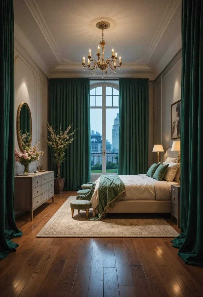 Forest green velvet curtains adding warmth and elegance to a bedroom.