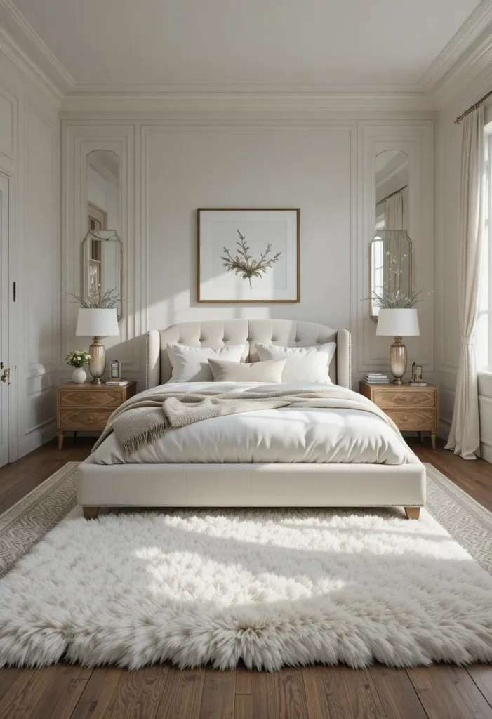 Plush white rug adding softness and comfort beneath the bed.