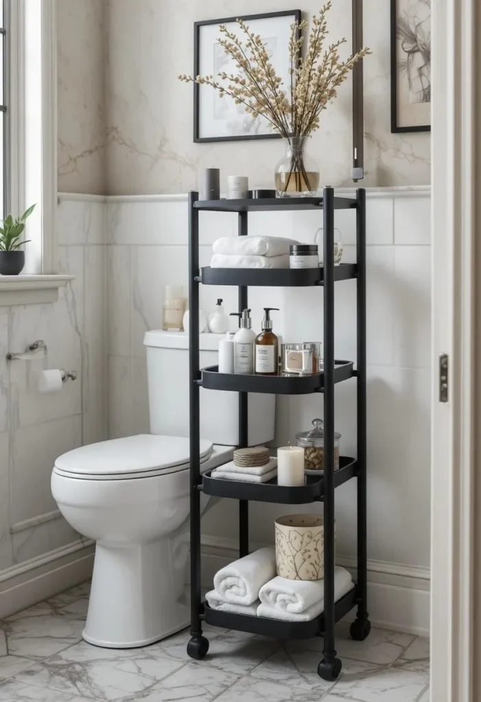 Slim rolling cart beside a toilet providing extra bathroom storage.
