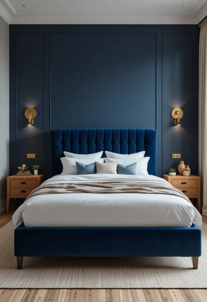 Deep navy accent wall paired with a matching velvet headboard and brass lighting.
