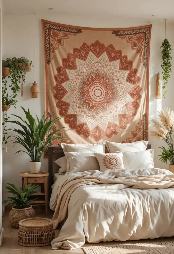 Blush boho tapestry creating a colorful backdrop behind the bed.