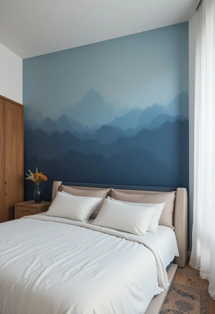 Blue ombre accent wall fading from dark to light for a dreamy bedroom.