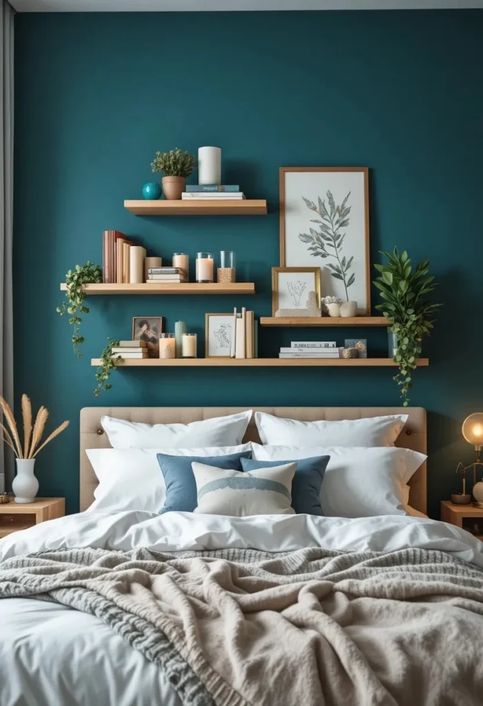 Teal blue accent wall with floating shelves styled with books and plants.