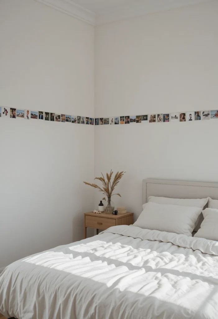 Photo border near the ceiling adding subtle personality to a bedroom.