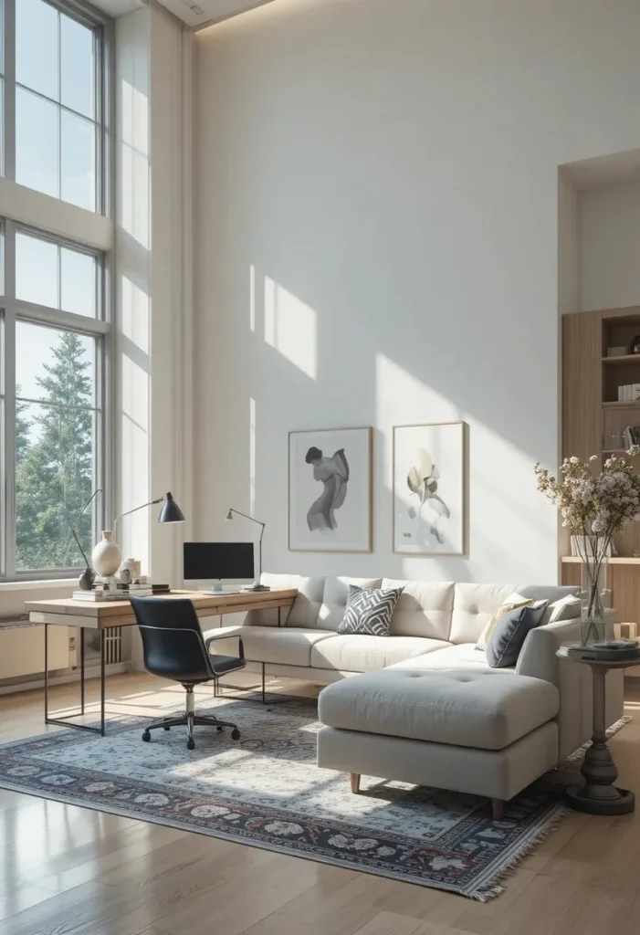 Desk placed behind a sofa creating a functional work zone in the living room.