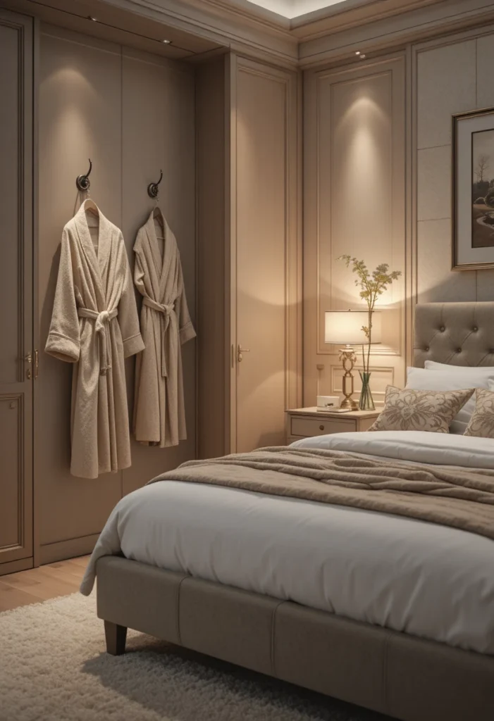 Matching robes displayed on wall hooks in a cozy couples bedroom.
