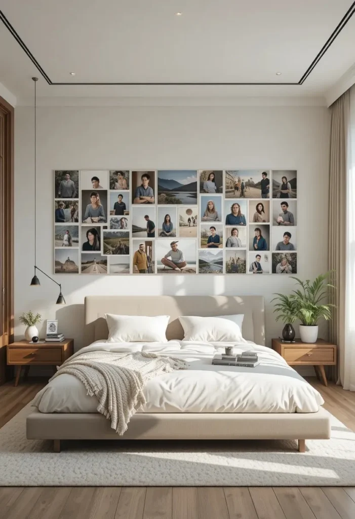 Large photo wall behind the bed creating a meaningful bedroom focal point.
