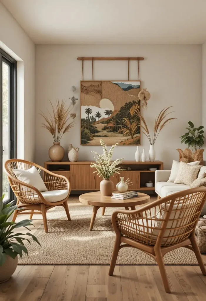 Woven textures and natural materials bringing warmth to a mid century modern living room.